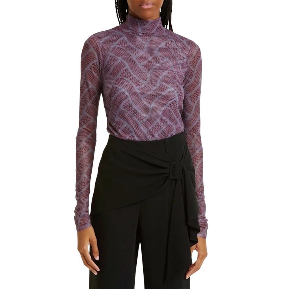 Cinq a Sept Long Sleeve Mesh Turtleneck Top in Calla Lily/Lilac Size S